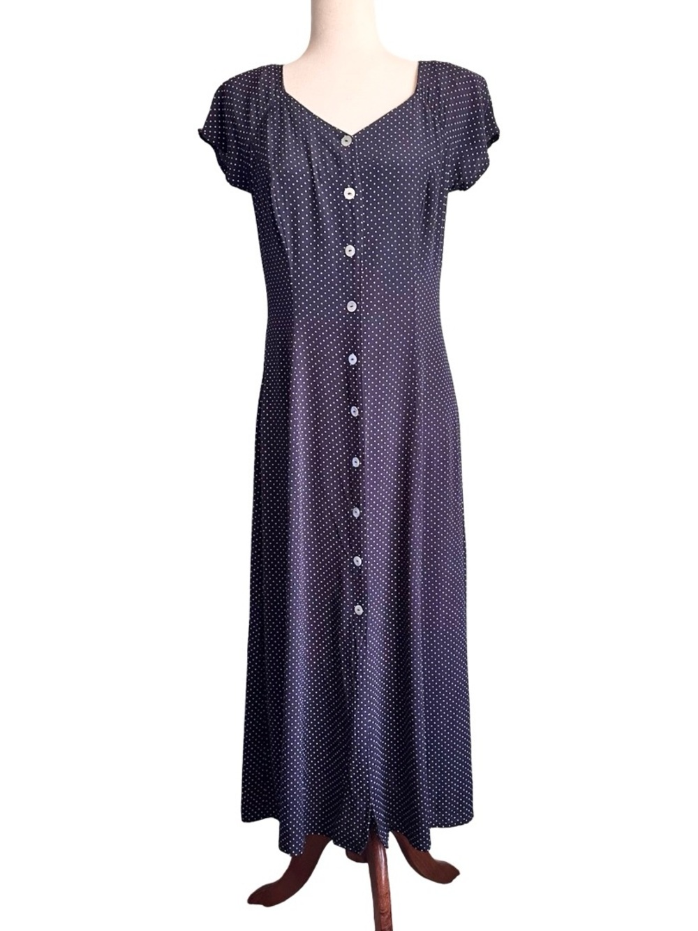 Vintage Sheri Martin Navy Blue White Polka Dot Button Up Midi Dress Size 8 EUC